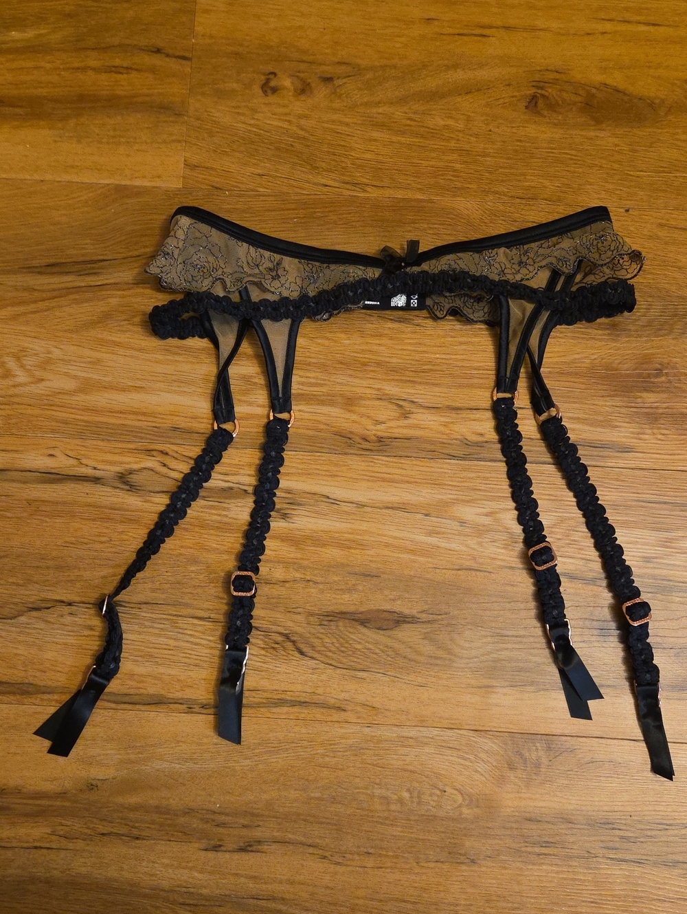 Black Lace Garter Belt with Rose-Gold Accents